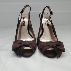 Carlos Falchi Peep Toe Sling Back Satin High Heels Chocolate Brown Colour